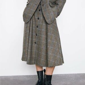 NWOT Zara Multicoloured Houndstooth Print Button-Up Wool Midi Skirt Size S